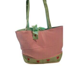 NWT Quaker Factory QVC Tote Bag Pink Striped Tulips Mint Green Purse READ